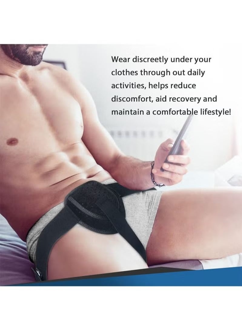 حزام فتق للرجال والنساء ، تروس دعم الفتق قابل للتعديل للفخذ ، مع 1 وسادة ضغط قابلة للإزالة ، حزام فتق الأربية أو أسفل البطن ، للفتق الجراحي ، عظم الفخذ (أسود) - Image 5